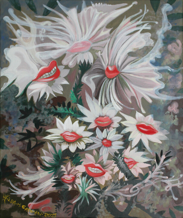 Painting titled "Bouches Fleuries" by Hilda Garman, Original Artwork, Oil Mounted on Wood Stretcher frame