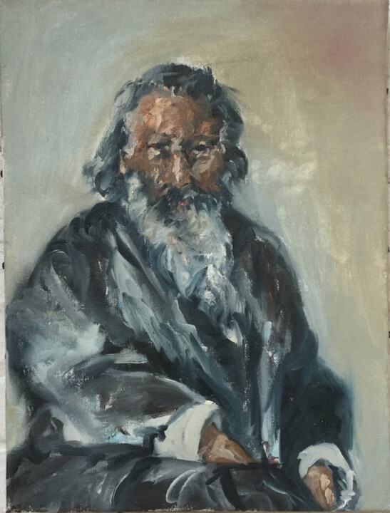 Schilderij getiteld "Johannes Brahms" door Hilde Plessers, Origineel Kunstwerk, Olie Gemonteerd op Frame voor houten brancard