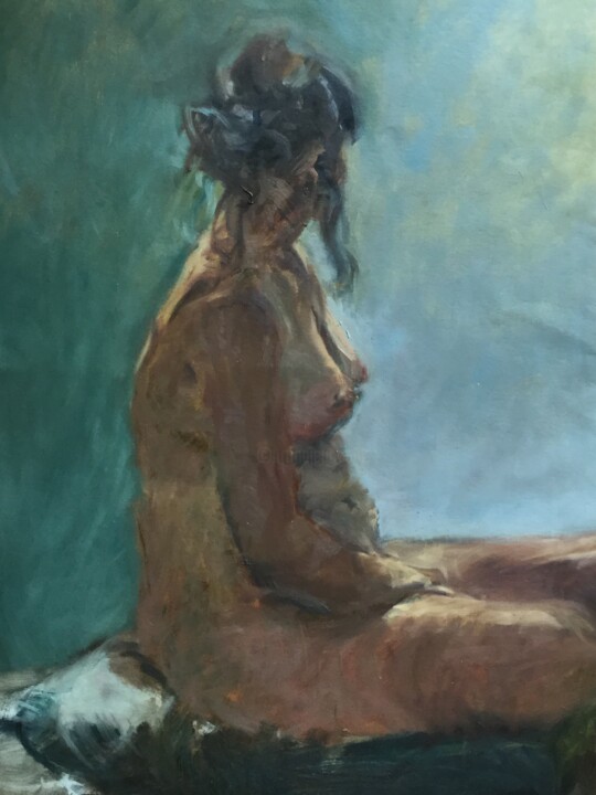 Pittura intitolato "model looking backw…" da Hilde Plessers, Opera d'arte originale, Olio Montato su Cartone