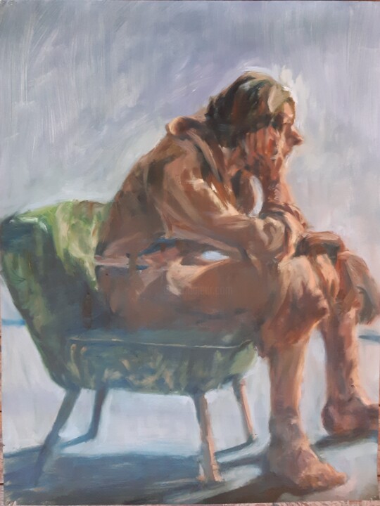 Painting titled "model sitting with…" by Hilde Plessers, Original Artwork, Oil