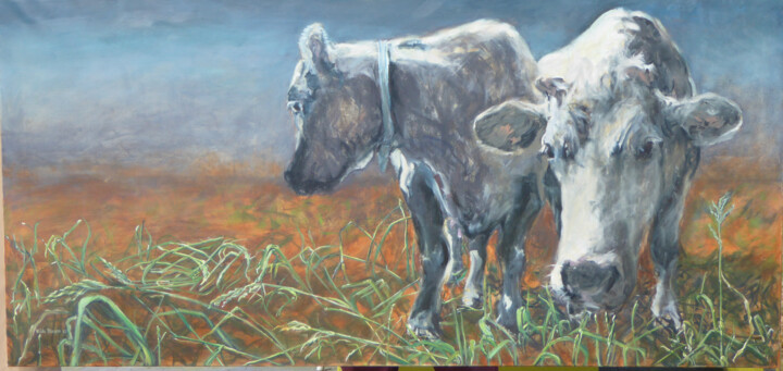 Painting titled "Two cows in a field" by Hilde Plessers, Original Artwork, Oil Mounted on Wood Stretcher frame