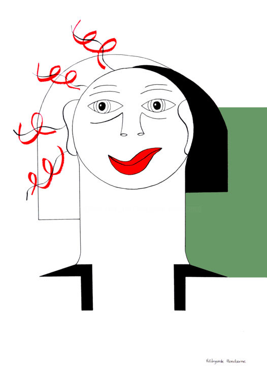 Disegno intitolato "red-curl with green…" da Hildegarde Handsaeme, Opera d'arte originale, Inchiostro