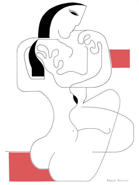 Drawing titled "Le Calin with red a…" by Hildegarde Handsaeme, Original Artwork, Ink