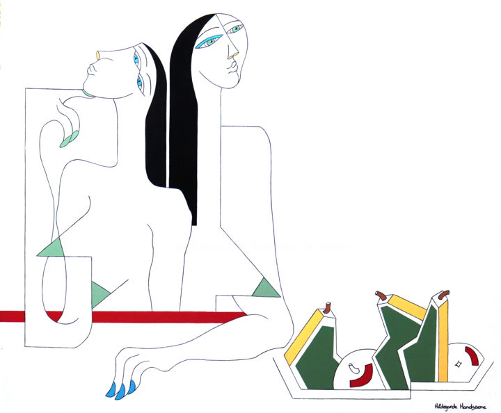 Painting titled "Un moment décontrac…" by Hildegarde Handsaeme, Original Artwork, Acrylic Mounted on Wood Stretcher frame