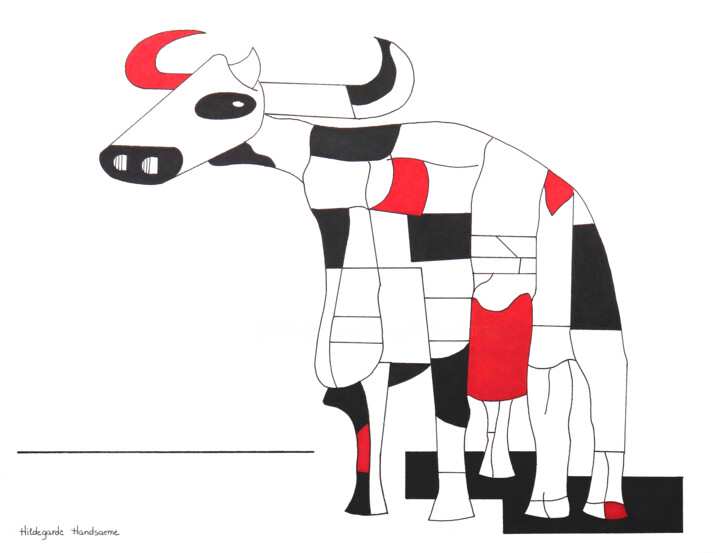 Drawing titled "La Vache" by Hildegarde Handsaeme, Original Artwork, Ink