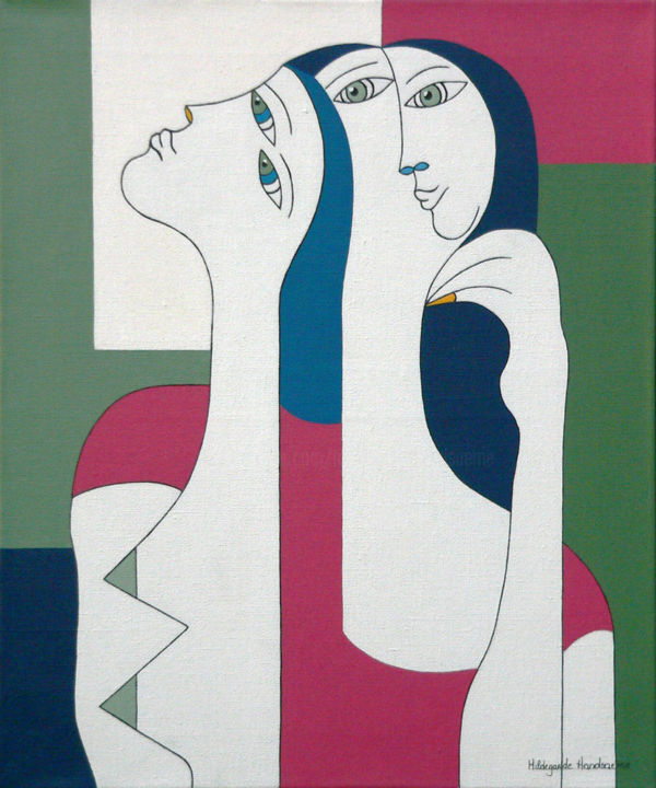 Painting titled "Women with Yellow N…" by Hildegarde Handsaeme, Original Artwork, Acrylic Mounted on Wood Stretcher frame