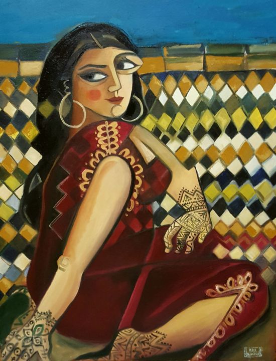 Peinture intitulée "Femme assise" par Hind Elamaoui, Œuvre d'art originale, Huile