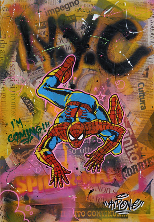 Collages intitolato "Spiderman I'm coming" da Hipo - Alessio Hassan Alì, Opera d'arte originale, Acrilico