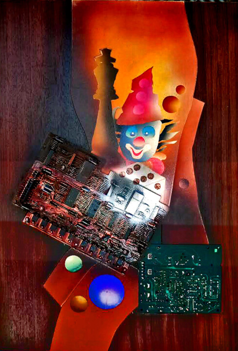 Collages titled "11 Der Computerclow…" by Hipplers-Eberart, Original Artwork, Collages Mounted on Wood Panel