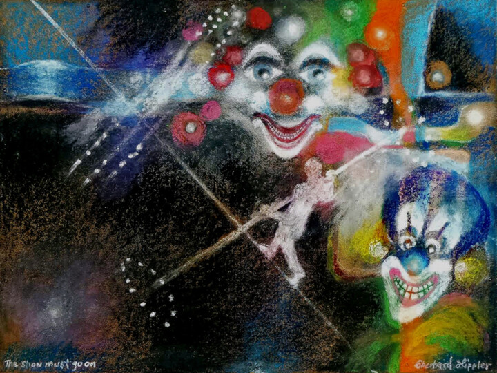 Painting titled "03 The show must go…" by Hipplers-Eberart, Original Artwork, Chalk Mounted on Cardboard
