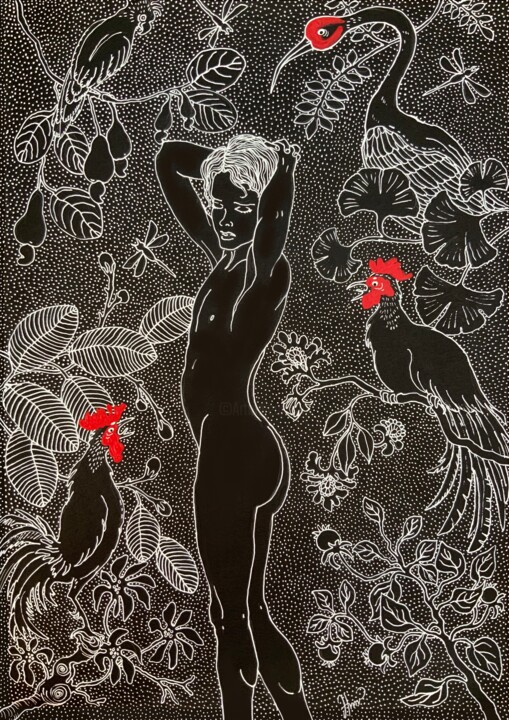 Zeichnungen mit dem Titel "Morning Bliss" von Hiranya R, Original-Kunstwerk, Tinte