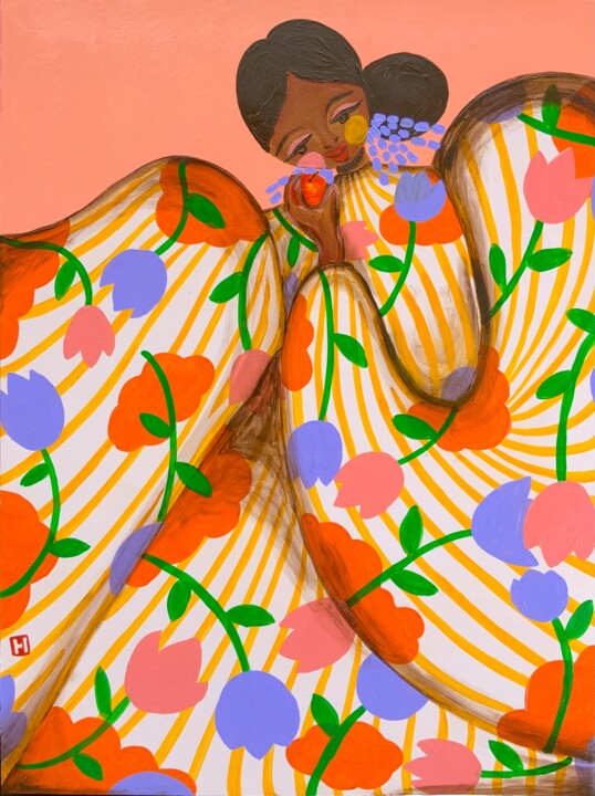 绘画 标题为“Woman with Orange” 由Hiranya R, 原创艺术品, 丙烯 安装在木质担架架上