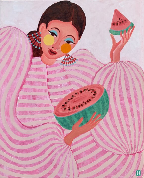 Painting titled "Watermelon Sugar" by Hiranya R, Original Artwork, Acrylic Mounted on Wood Stretcher frame
