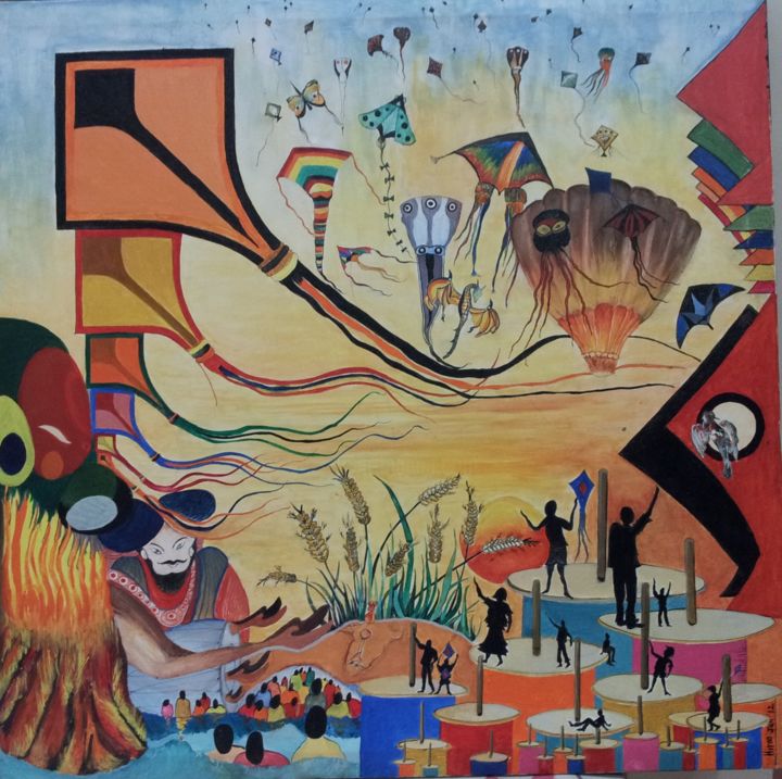 Pintura titulada "Festival of kite fl…" por Hiroo Parikh, Obra de arte original, Oleo