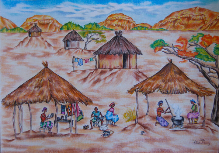 Drawing titled "peasant dwellers" by Hiten Mistry, Original Artwork, Pencil