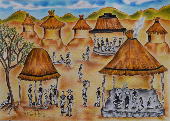 Drawing titled "Zambian village sce…" by Hiten Mistry, Original Artwork, Pencil