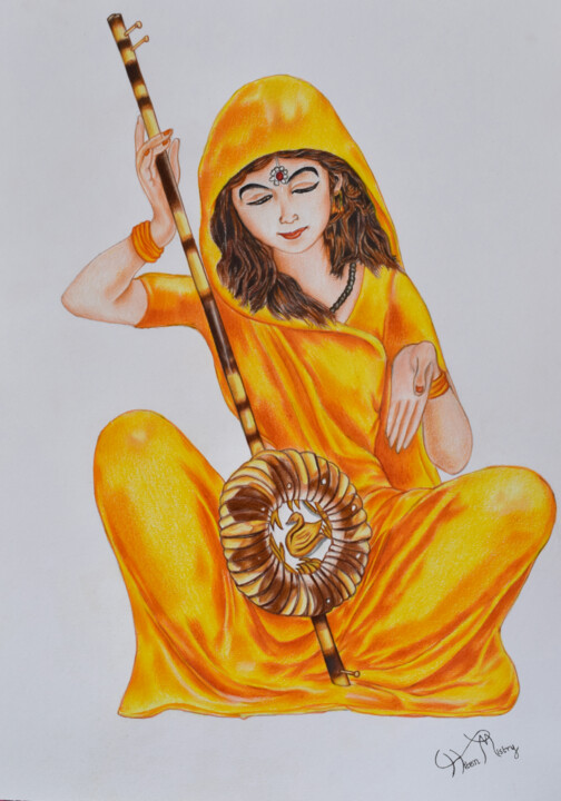 Drawing titled "Orange Mirabai" by Hiten Mistry, Original Artwork, Pencil