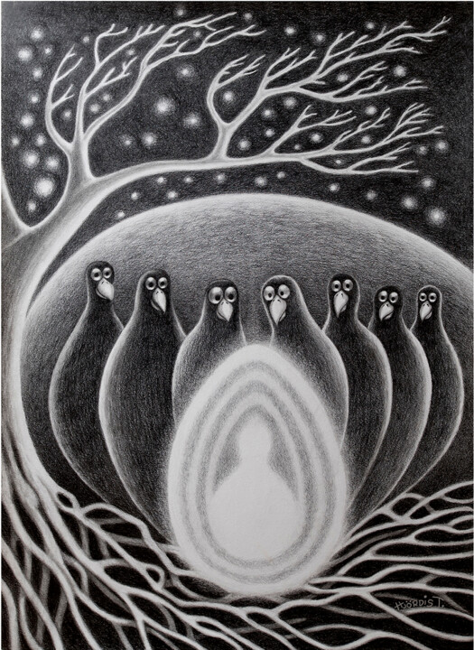 Drawing titled "The Cosmic Egg No 1" by Hjördis Thelander, Original Artwork, Pencil Mounted on Cardboard