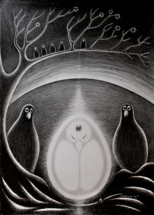 Drawing titled "The Cosmic Egg No 2" by Hjördis Thelander, Original Artwork, Pencil Mounted on Cardboard
