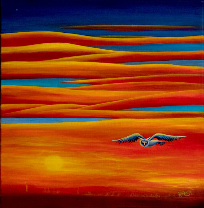 Pittura intitolato "Owl and The Sunset" da Hjördis Thelander, Opera d'arte originale, Acrilico