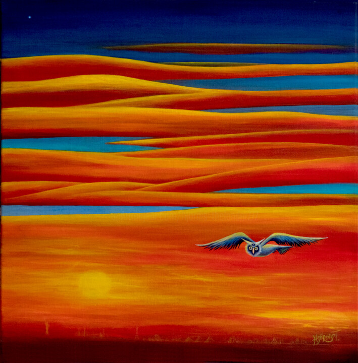 Pintura titulada "Owl and The Sunset" por Hjördis Thelander, Obra de arte original, Acrílico