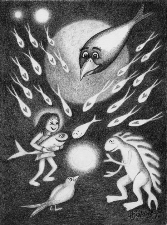 Dibujo titulada "Winter fishes" por Hjördis Thelander, Obra de arte original, Lápiz Montado en Cartulina