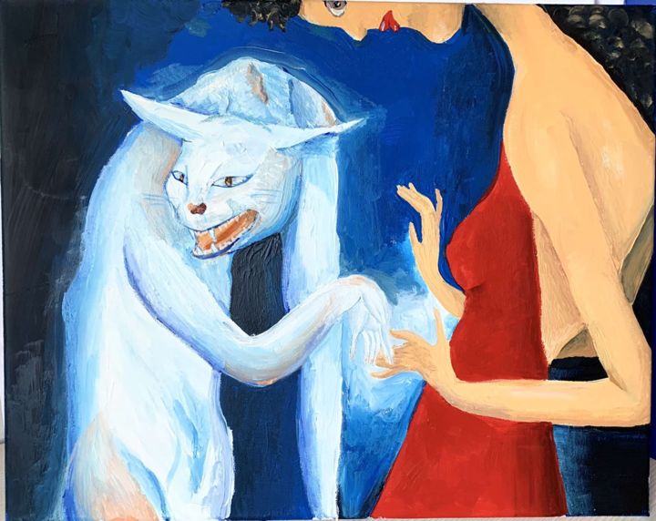 Peinture intitulée "Le chat bleu et le…" par Helene Zeren, Œuvre d'art originale, Acrylique