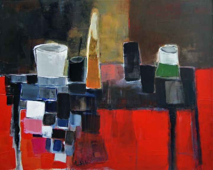 Painting titled "Table et nappe à ca…" by Hervé Marchelidon, Original Artwork, Acrylic Mounted on Wood Panel