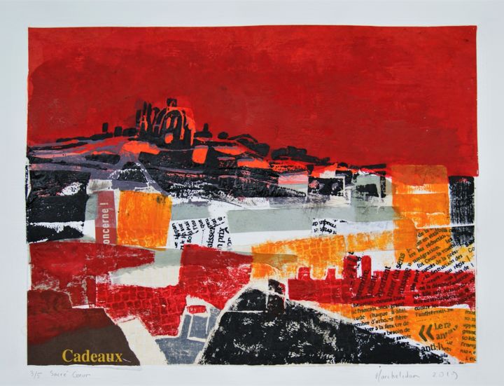 Отпечатки и Гравюры под названием "Sacré Coeur 3/5" - Hervé Marchelidon, Подлинное произведение искусства, Линогравюры