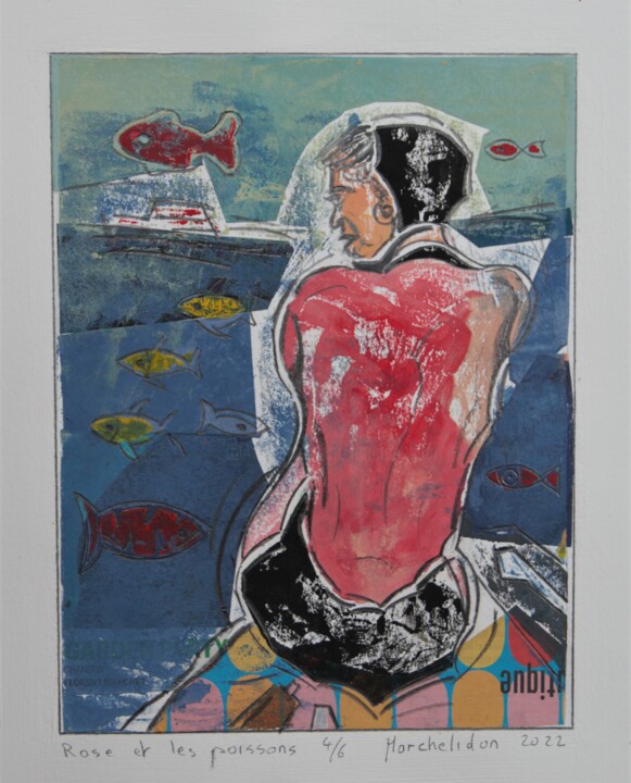 Gravures & estampes intitulée "Rose et les poisson…" par Hervé Marchelidon, Œuvre d'art originale, Linogravures