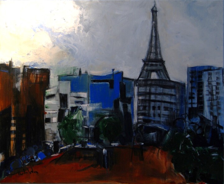 Painting titled "Banlieue" by Hervé Marchelidon, Original Artwork, Acrylic Mounted on Wood Stretcher frame
