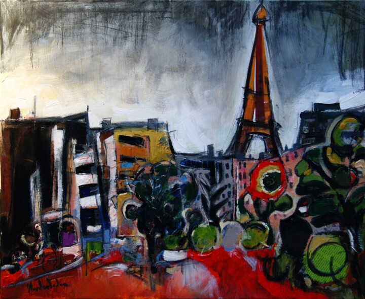 Painting titled "Banlieue verte" by Hervé Marchelidon, Original Artwork, Acrylic Mounted on Wood Stretcher frame