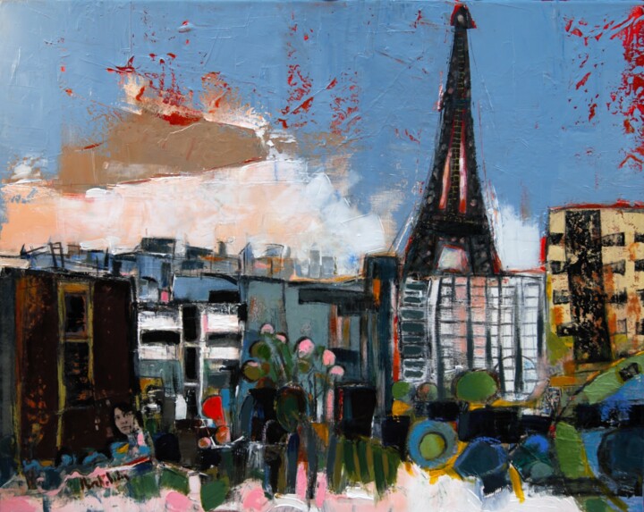 Painting titled "Banlieue ludique" by Hervé Marchelidon, Original Artwork, Acrylic Mounted on Wood Stretcher frame