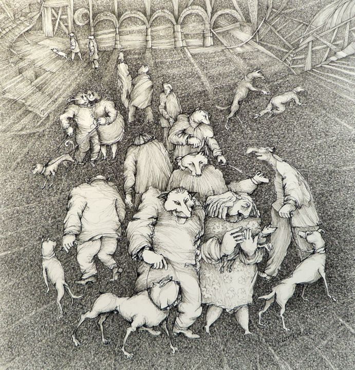 Dibujo titulada "Les Chiens" por Helena Meyer-Everdt, Obra de arte original