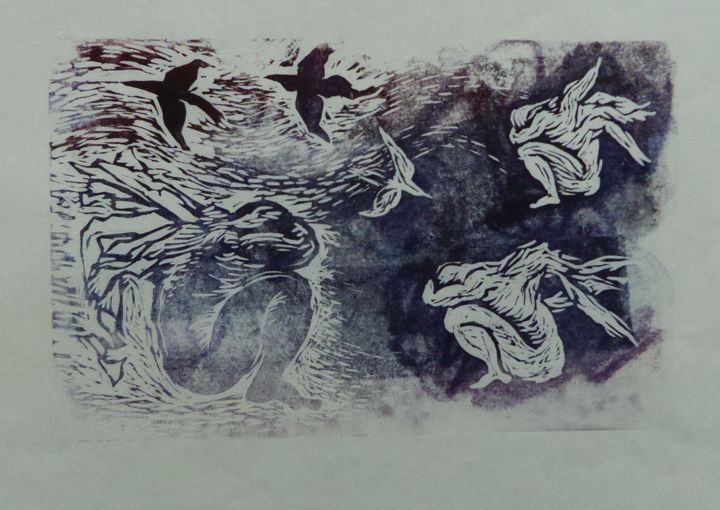 "Le Rêve des Hommes…" başlıklı Baskıresim Helena Meyer-Everdt tarafından, Orijinal sanat, Linocut