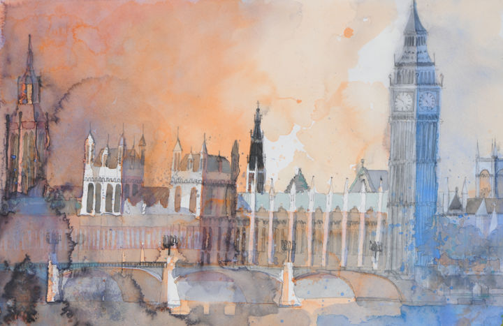 Painting titled "London Parliament" by Heinz Michael Groh, Original Artwork, Watercolor