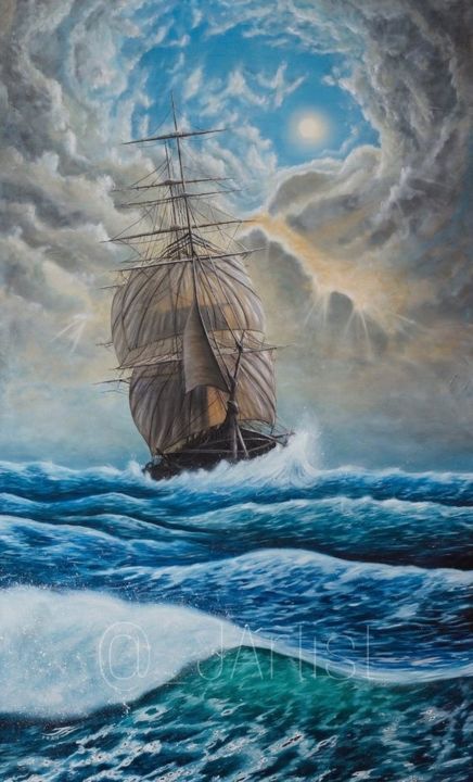 Pittura intitolato "Ship in a sorm" da J Artist, Opera d'arte originale, Olio