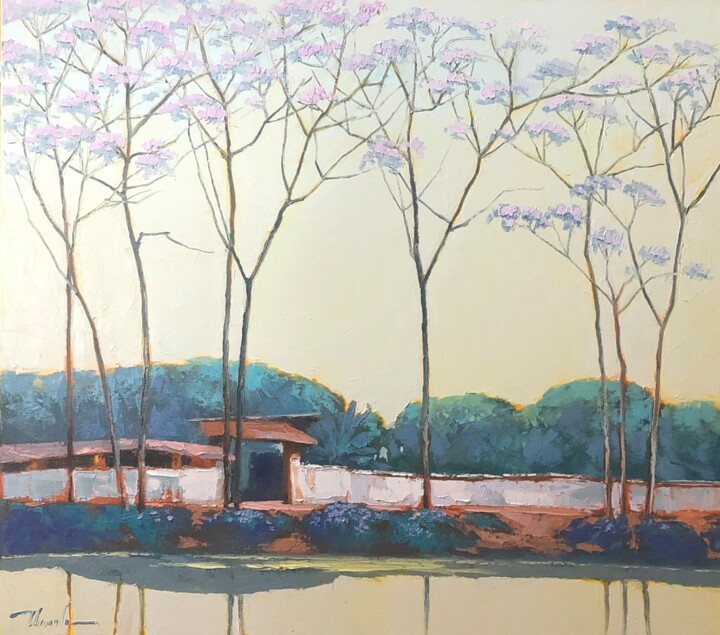 Painting titled "Mùa hoa xoan" by Hoàng Nguyên Thạch, Original Artwork, Oil