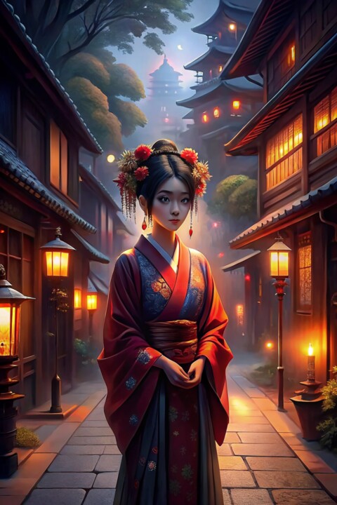 Digitale Kunst getiteld "Macigal Geisha" door Hobikeyfim, Origineel Kunstwerk, AI gegenereerde afbeelding