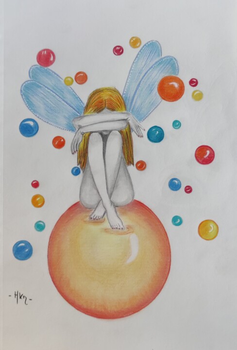 Drawing titled "Fée des bulles" by Nat'S Art, Original Artwork, Pencil