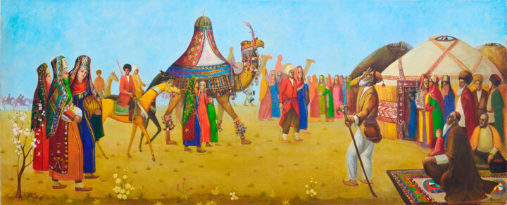 Painting titled "Turkmen wedding" by Hojamuhammet Churiyev, Original Artwork, Oil