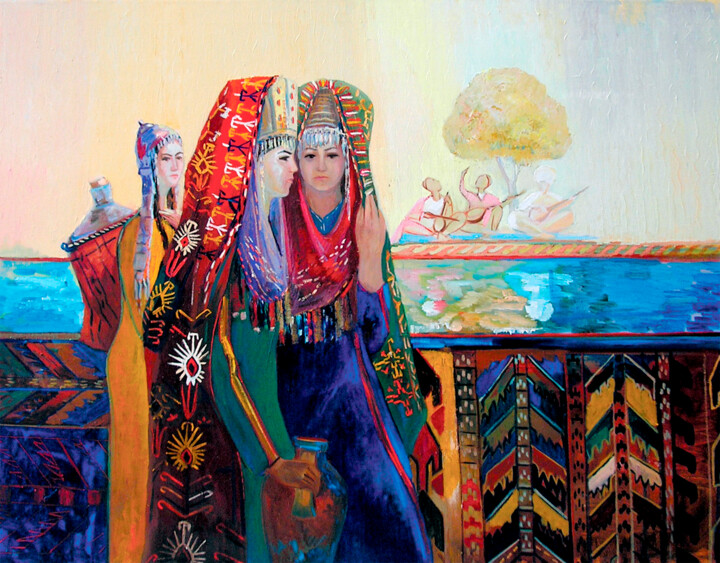 Картина под названием "Three beauties" - Hojamuhammet Churiyev, Подлинное произведение искусства, Масло