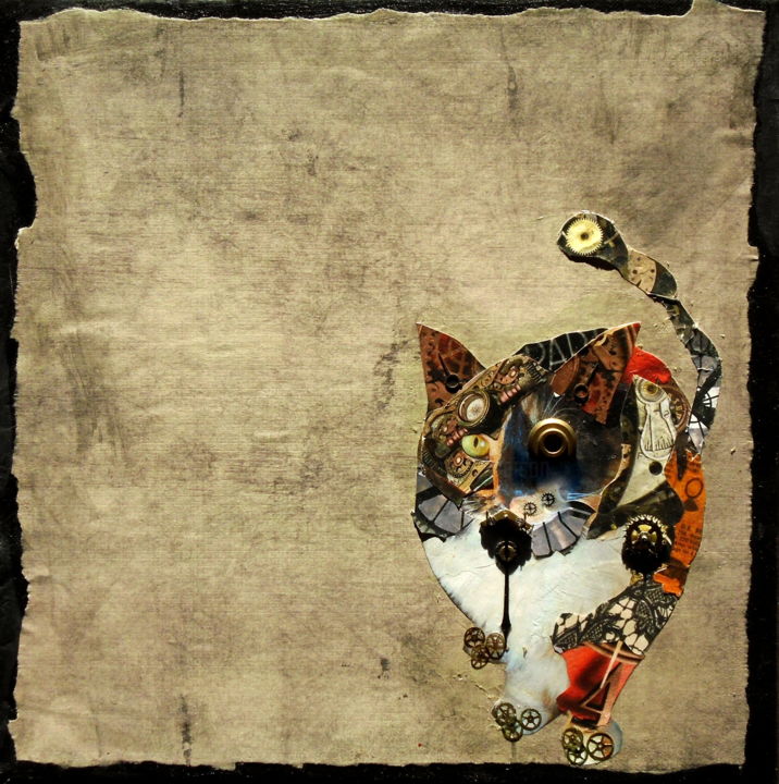 Painting titled "Steampunk Calico Ca…" by Holly Anderson, Original Artwork, Collages Mounted on Wood Stretcher frame