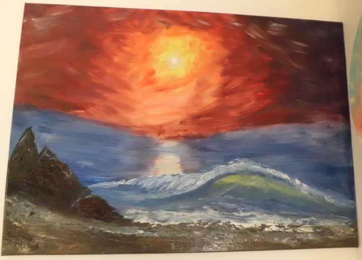 Painting titled "Sonne über dem Meer" by Simone Homberg, Original Artwork, Oil
