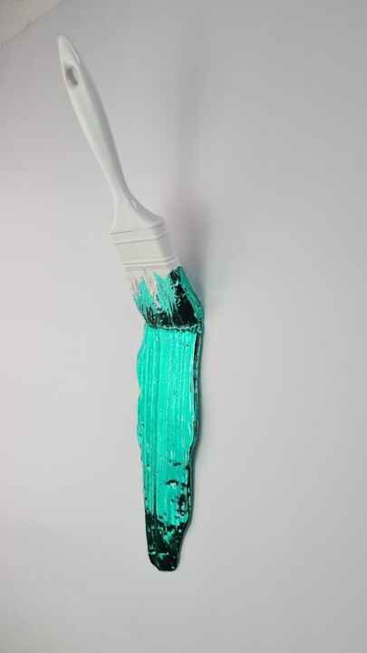 Sculpture titled "Brush Green White" by Santicri, Original Artwork, Resin Mounted on Other rigid panel