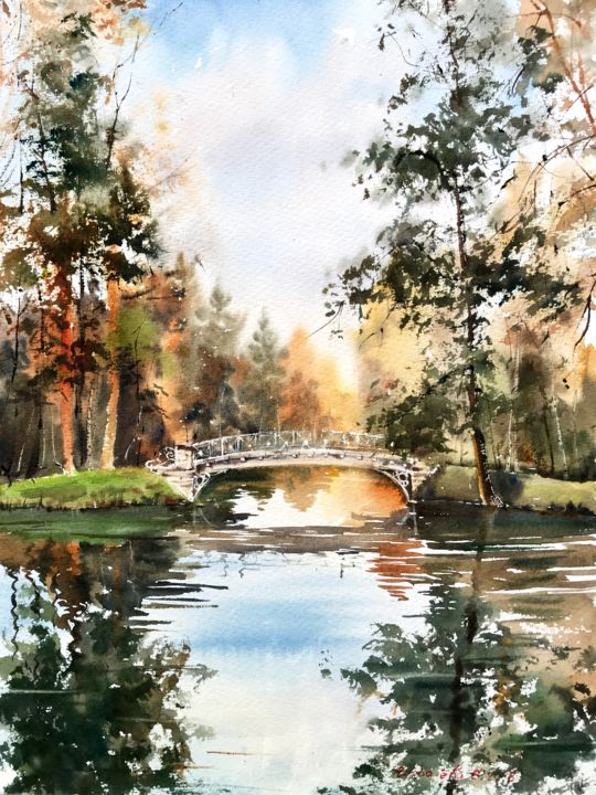 Painting titled "Autumn park in the…" by Eugenia Gorbacheva, Original Artwork, Watercolor