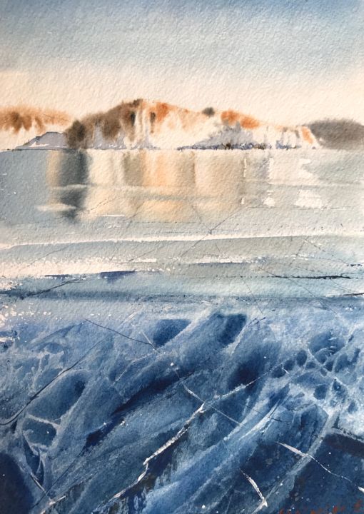 Painting titled "Lake Baikal in wint…" by Eugenia Gorbacheva, Original Artwork, Watercolor