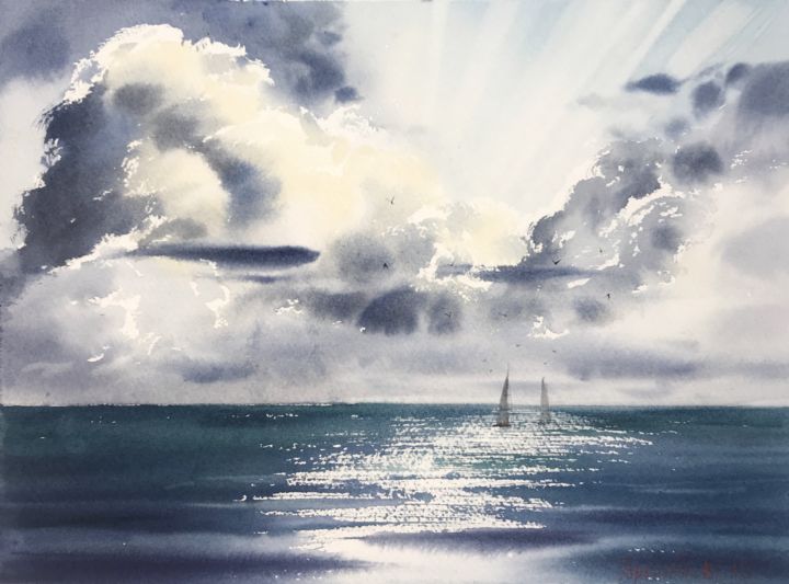 Peinture intitulée "Yachts at sea" par Eugenia Gorbacheva, Œuvre d'art originale, Aquarelle