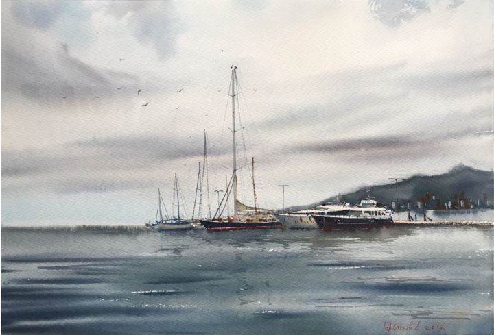 Peinture intitulée "Moored yachts, Pala…" par Eugenia Gorbacheva, Œuvre d'art originale, Aquarelle