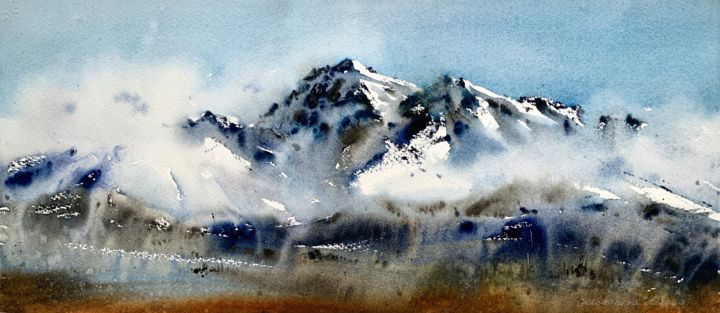 Painting titled "Mountainscape #2" by Eugenia Gorbacheva, Original Artwork, Watercolor